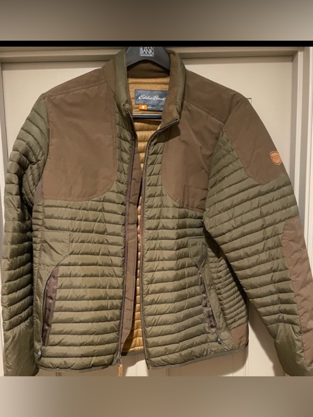 Eddie Bauer Olive Green Quilted Puffer Jacket with Brown Accents